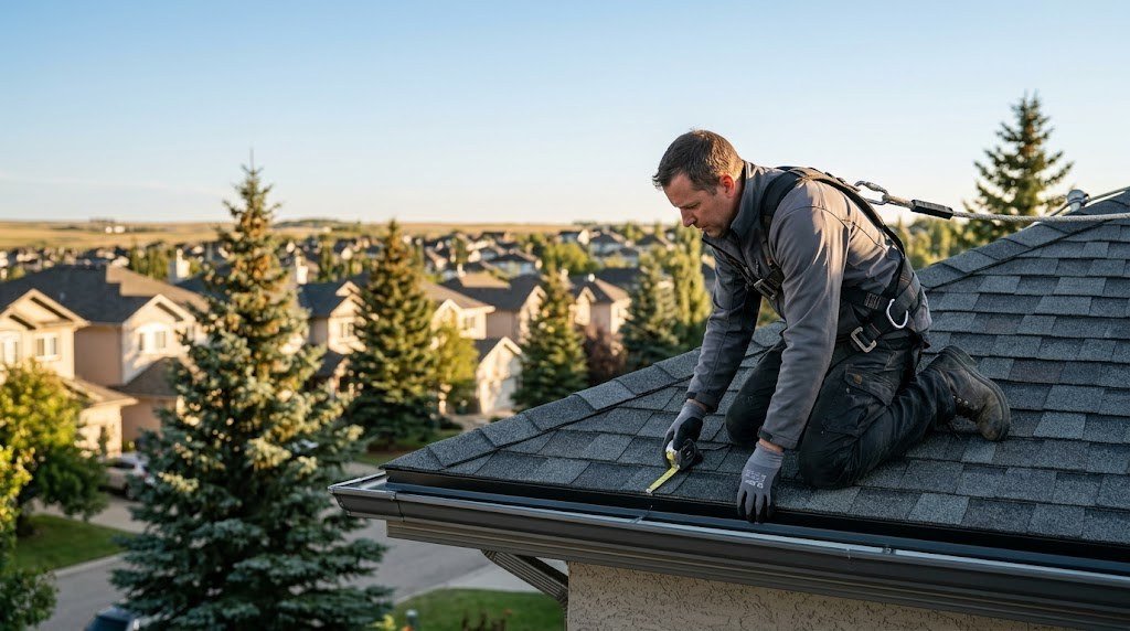 Roofer inspecting metal drip edge flashing on an asphalt shingle roof