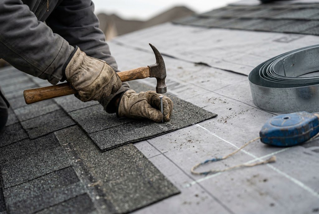 Shingles being nailed over synthetic underlayment