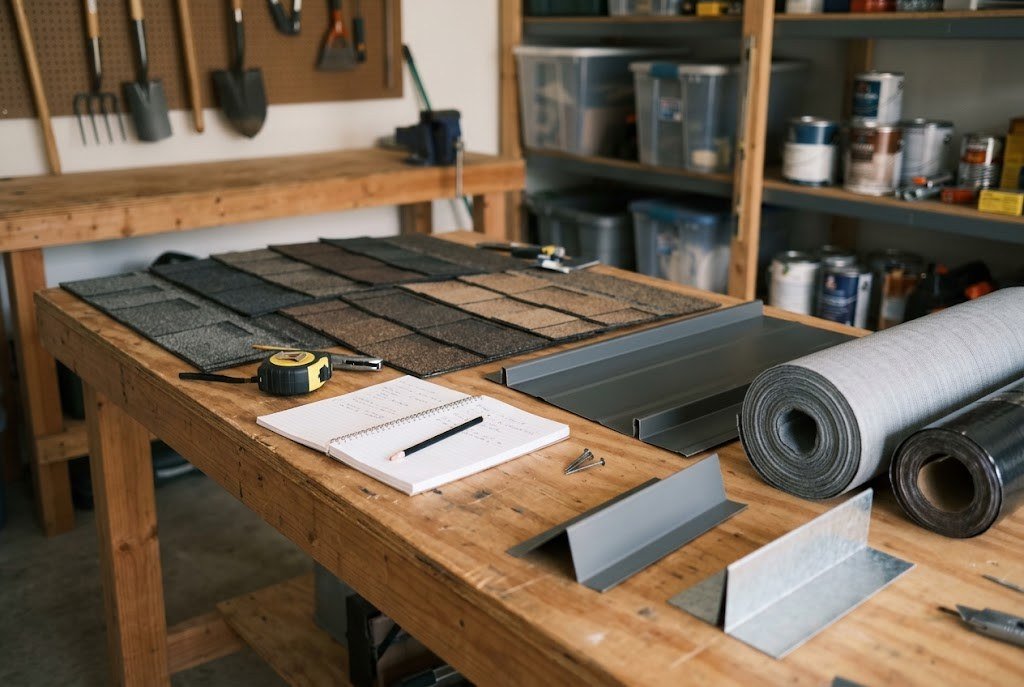 Roofing material samples on a workbench including shingles, steel panel, underlayment and flashing