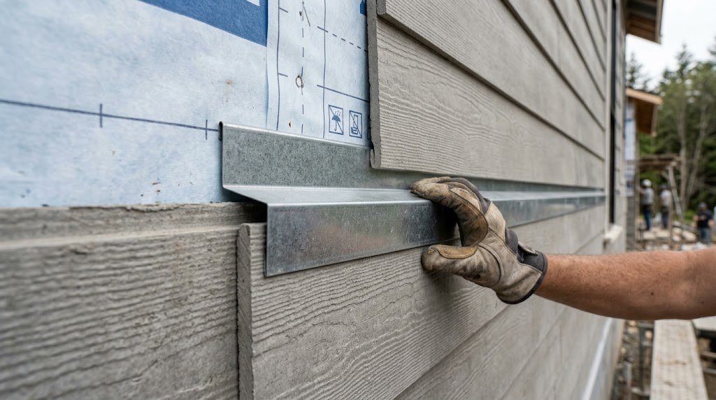 Galvanized Z flashing installed at a horizontal joint between fibre cement siding panels